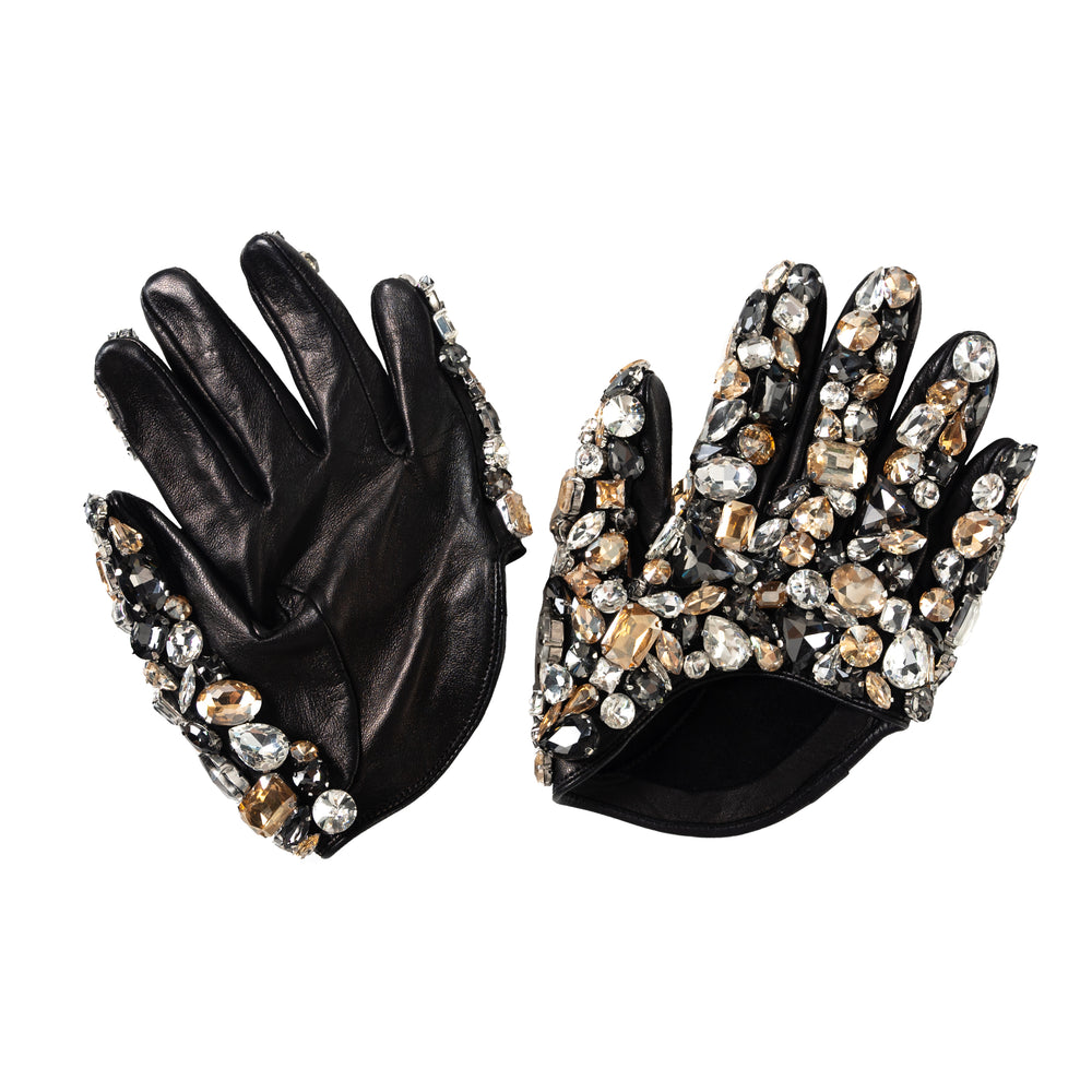 Short Leather Gloves With Crystals